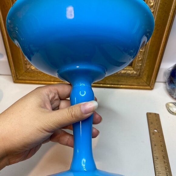 Antique Blue Compote Milk Glass About 7 Inches Tall Gold Leaves Trim Design - Picture 5 of 11